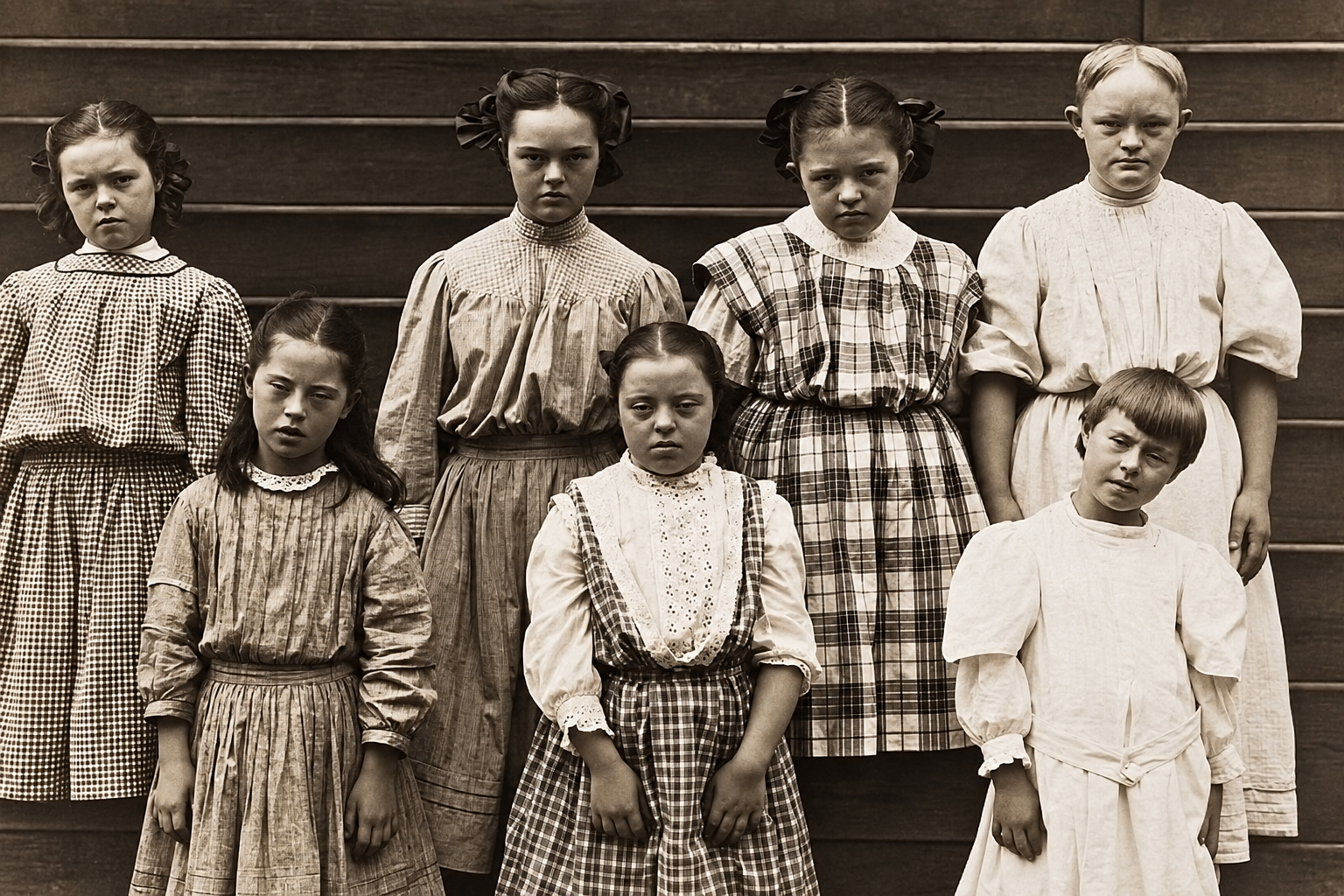 A vintage image of 7 girls with Down syndrome looking quite miserable in the school dresses