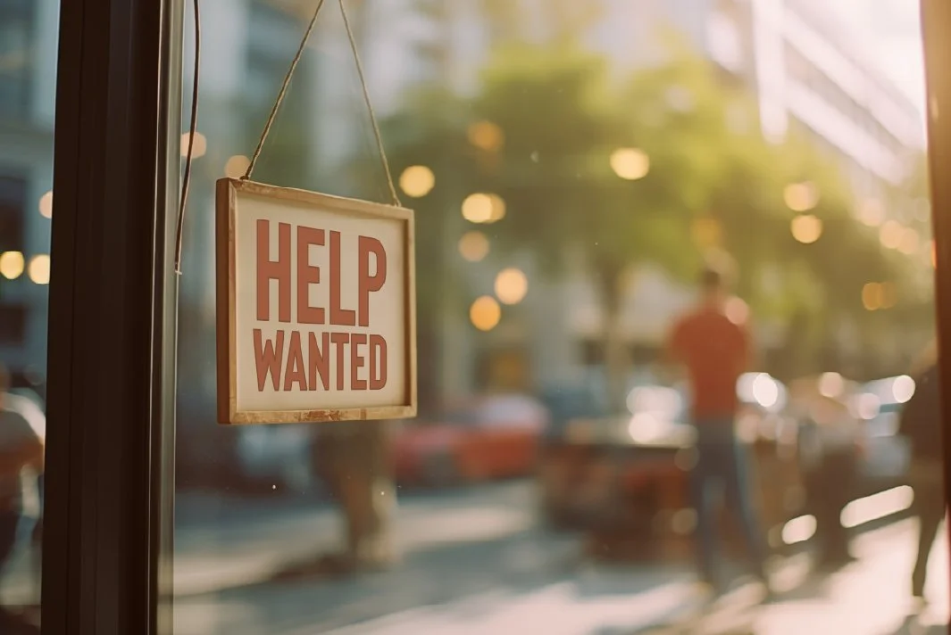A rectangular "Help Wanted" sign hangs inside a store window. The bright afternoon light illuminates the sign and the sidewalk outside, where blurred people walk by. The sign is white with red block lettering and a brown frame.