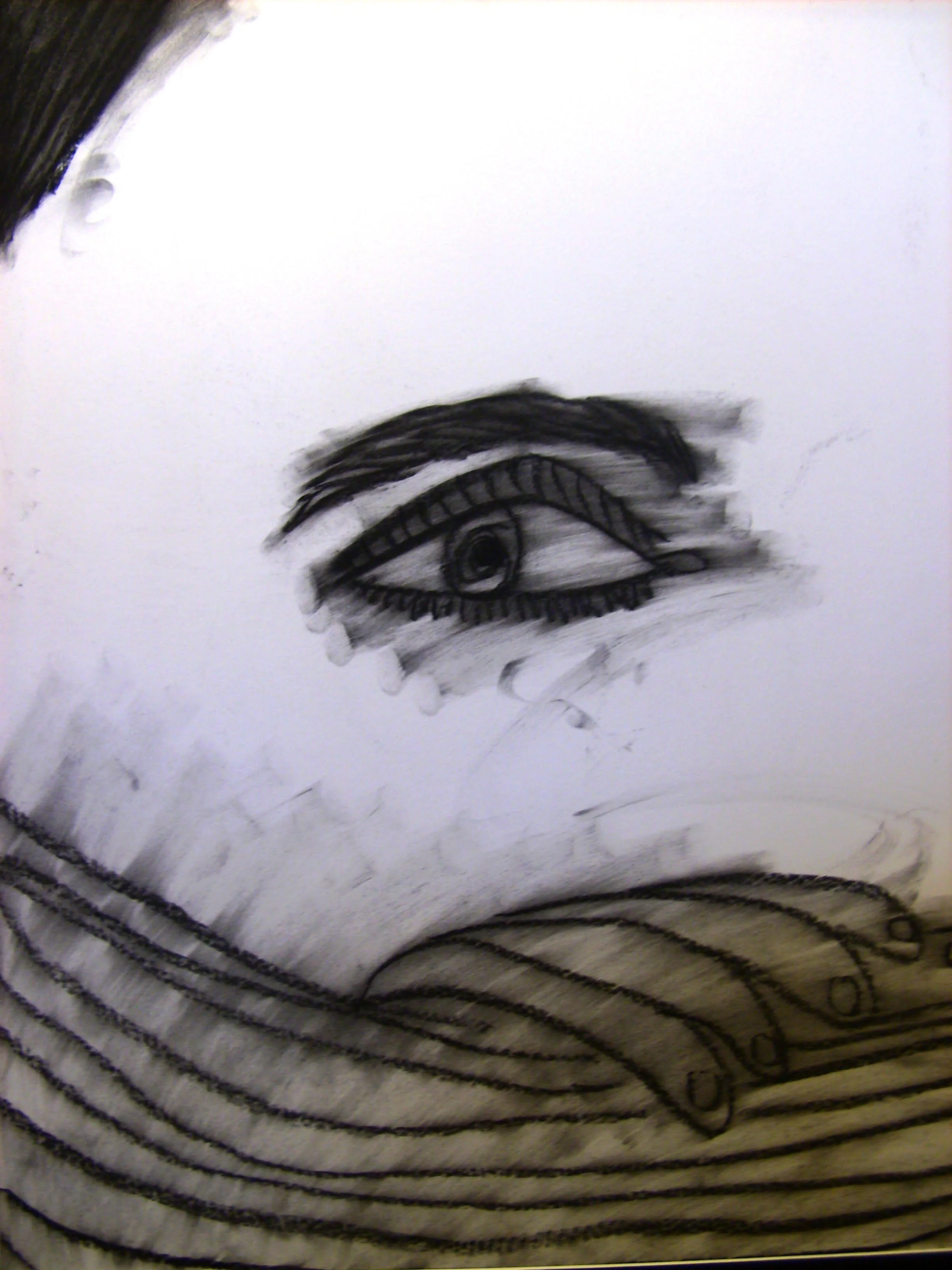 A charcoal sketch by Johnathan Lerman that depicts an eye staring at the viewer through window blinds that have been pulled down my a hand.
