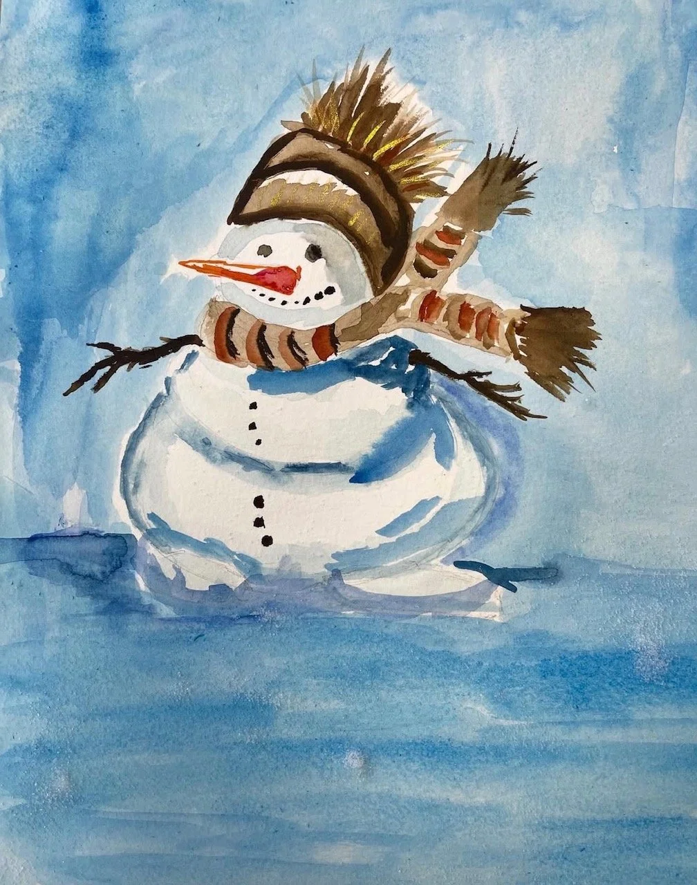 Louis' artwork: a watercolor painting of a snowman