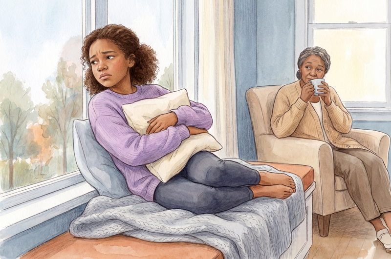 A young black girl clutches a pillow to her chest with a pained look on her face as her grandmother sips a cup of coffee
