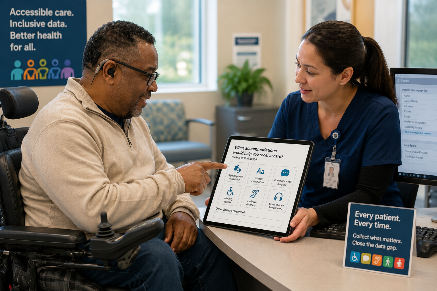 A man using a power wheelchair points to accommodation options on a tablet while a healthcare worker listens at a clinic intake desk. Signs emphasize accessible care, inclusive data, and collecting disability information to improve health care.