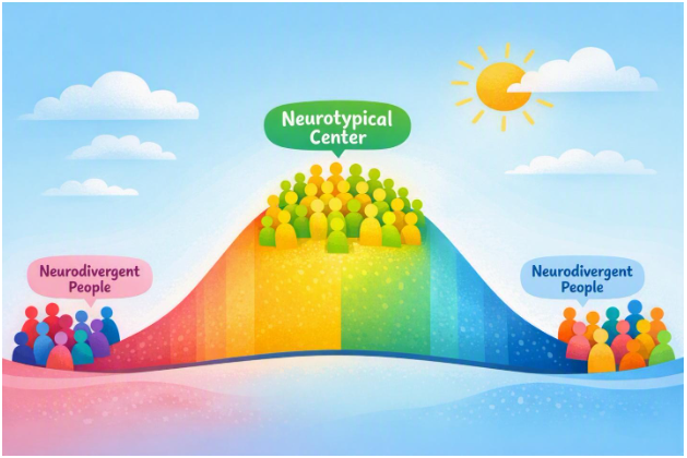 An illustration that shows people in the neurotypical center with two sets of neurodivergent people on each side.