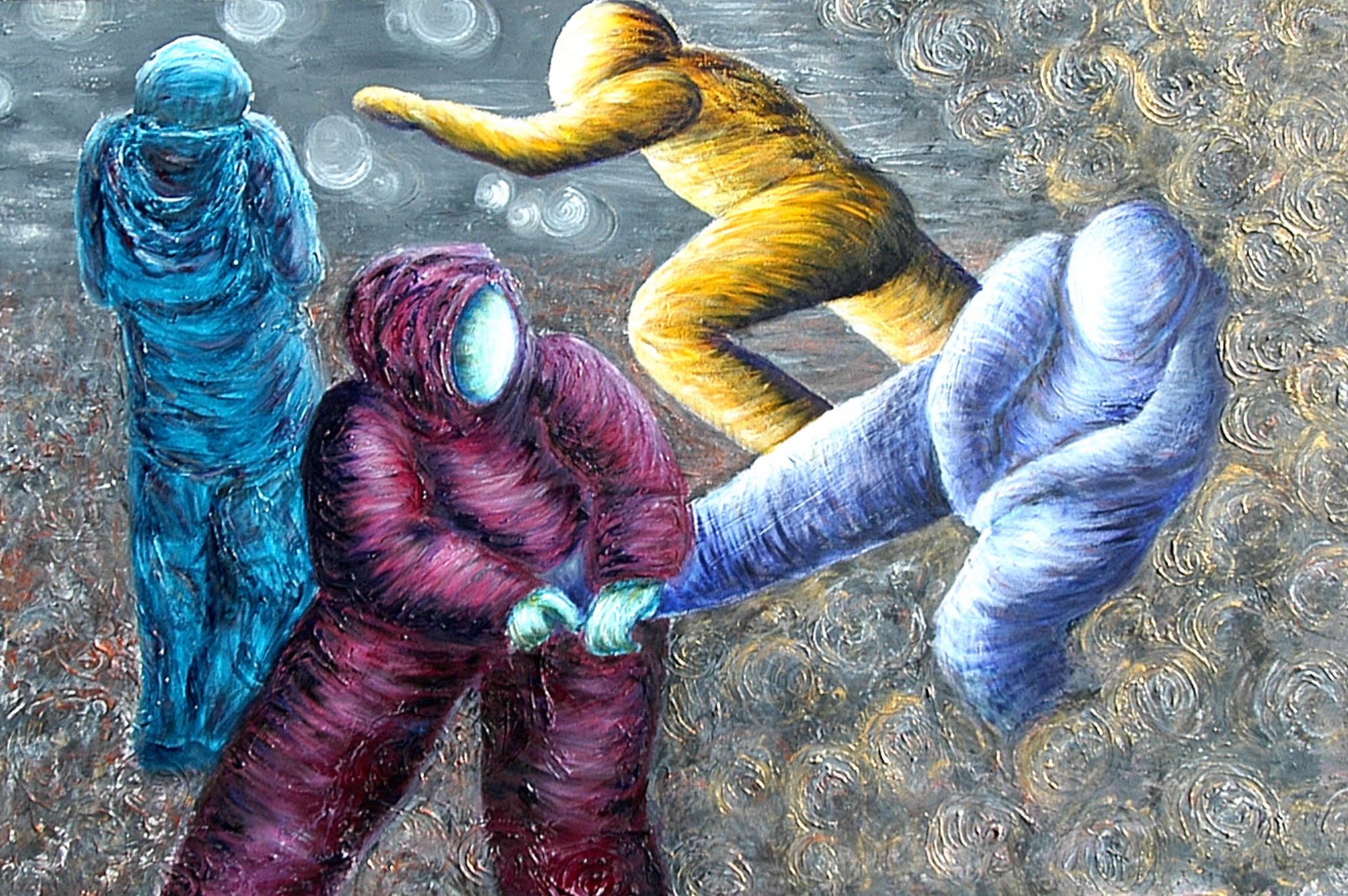 A painting by Donna Williams shows four human figures in what appear to be space suits, floating through swirling gray clouds.