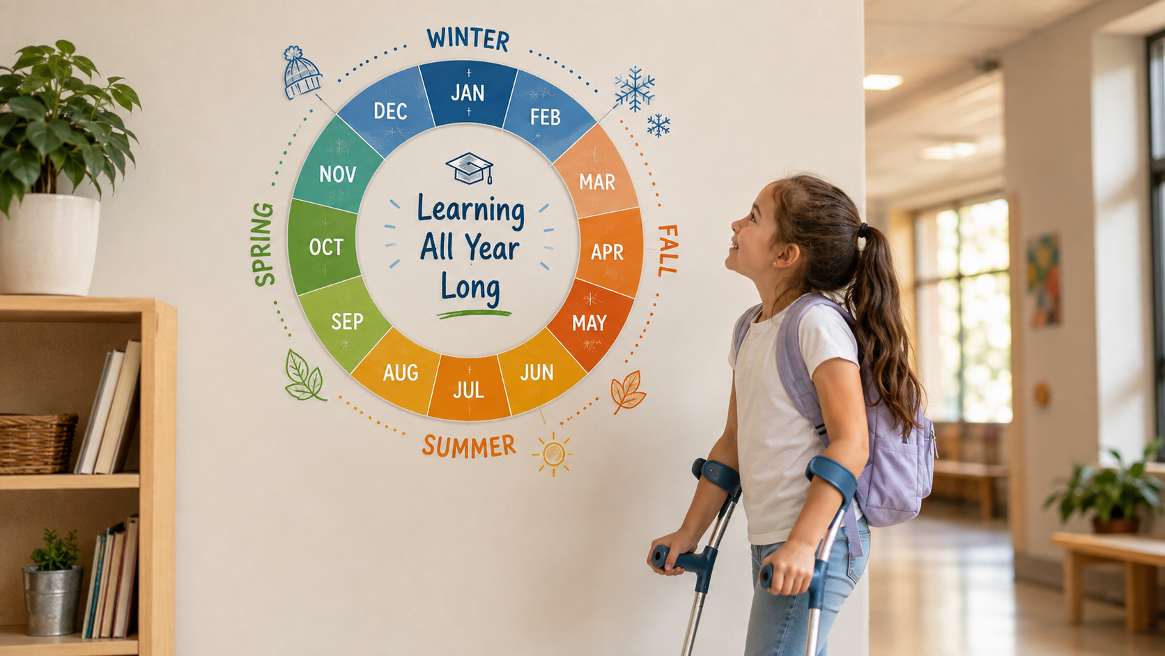 A little girl with crutches reviews a calendar called "Learning All Year Long"