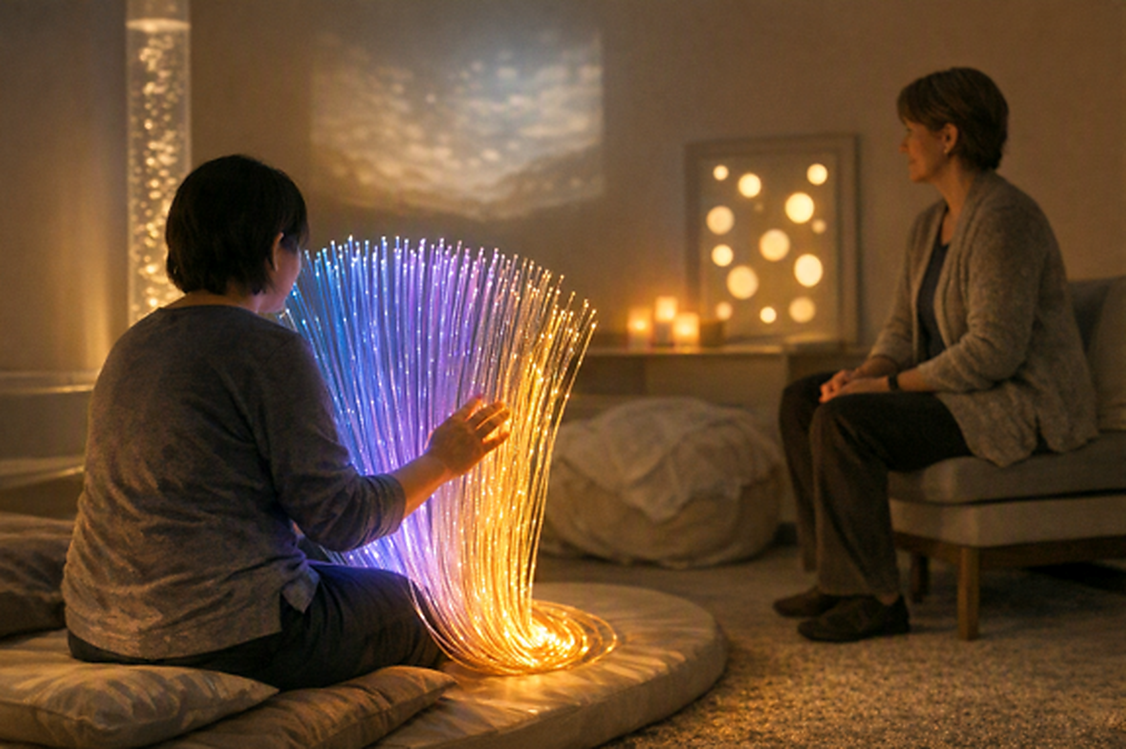 A person sits on a floor cushion in a dim multisensory room, reaching toward a bundle of glowing fiber-optic strands while a practitioner sits nearby observing. Soft lights and illuminated sensory equipment create a calm environment.