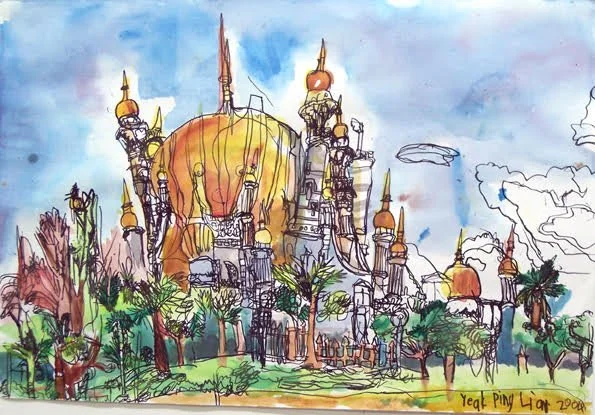 A watercolor and ink painting by Pink Lan Yeak that depicts a domed temple with golden spires all around, a bright blue sky and lots of palm trees and foliage.