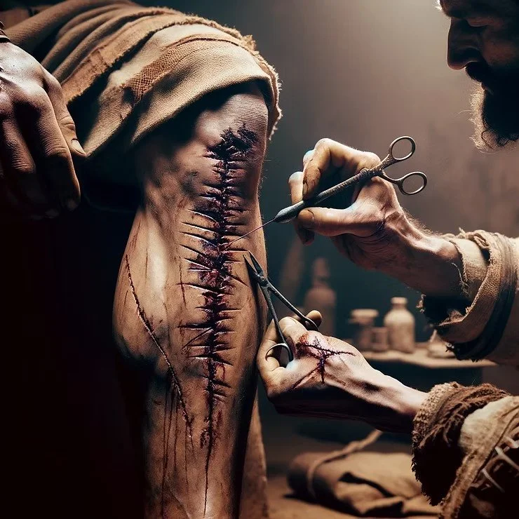 A Roman doctor stitches up a huge gash down the front of a gladiator's leg.