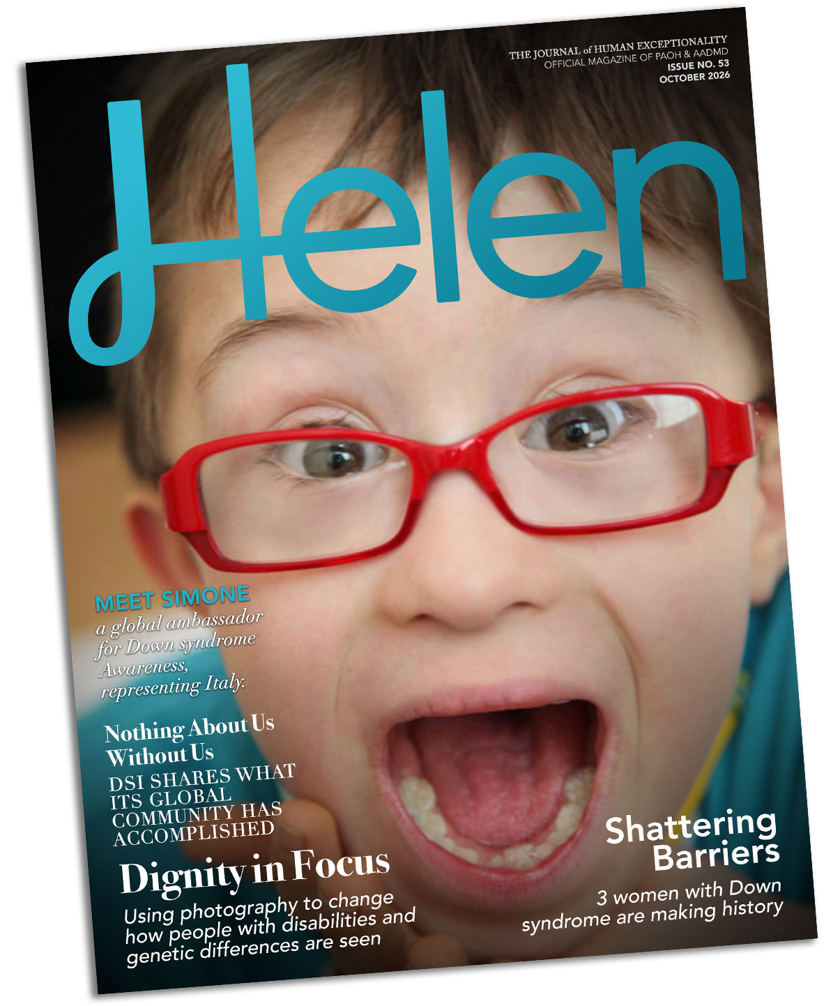 The cover of the October issue of Helen Journal featuring Simone, a little boy with bright eyes and a contagious smile