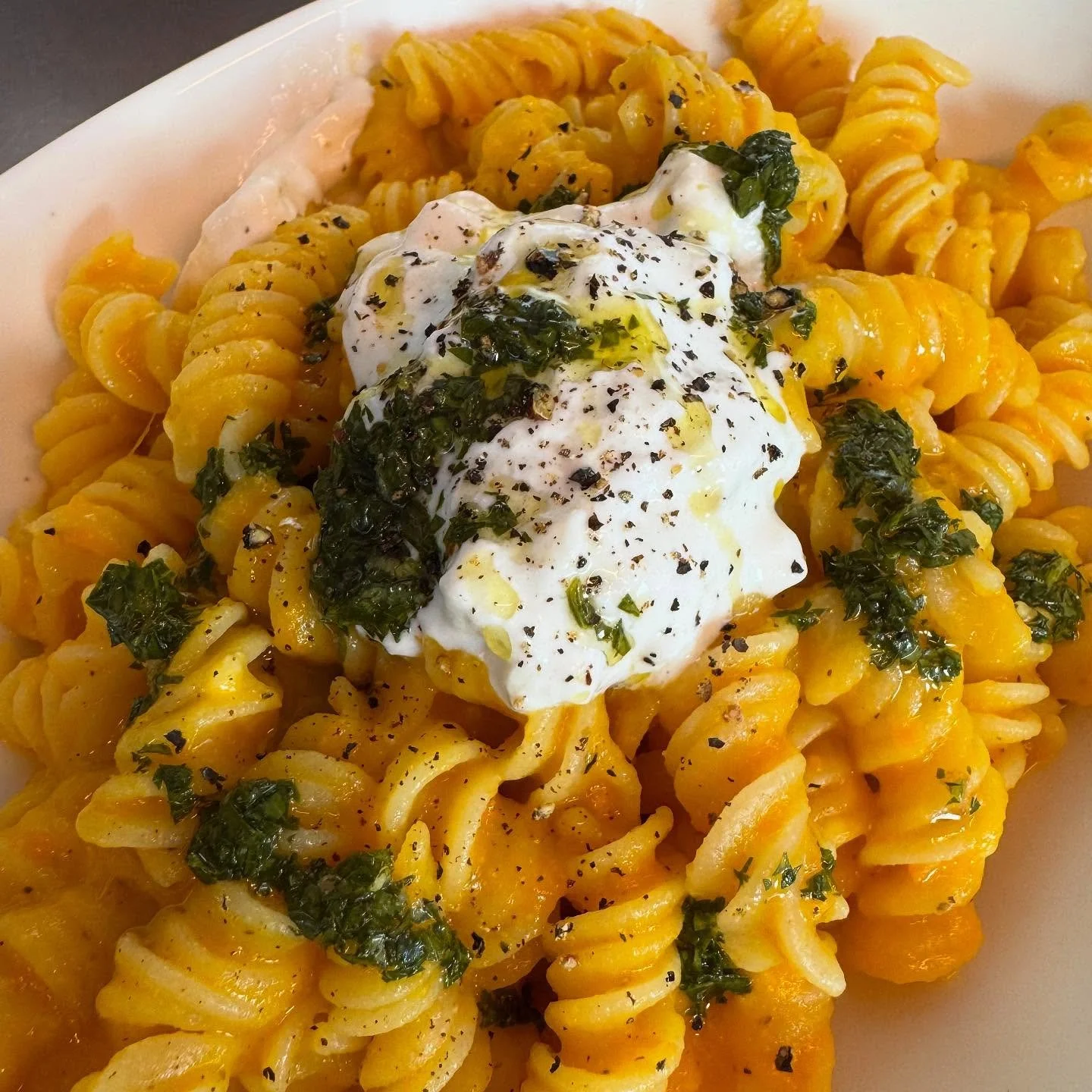 Special right now!! 🥕🌿 
Carrot-Ginger Pur&eacute;e with Stracciatella and  Gremolata