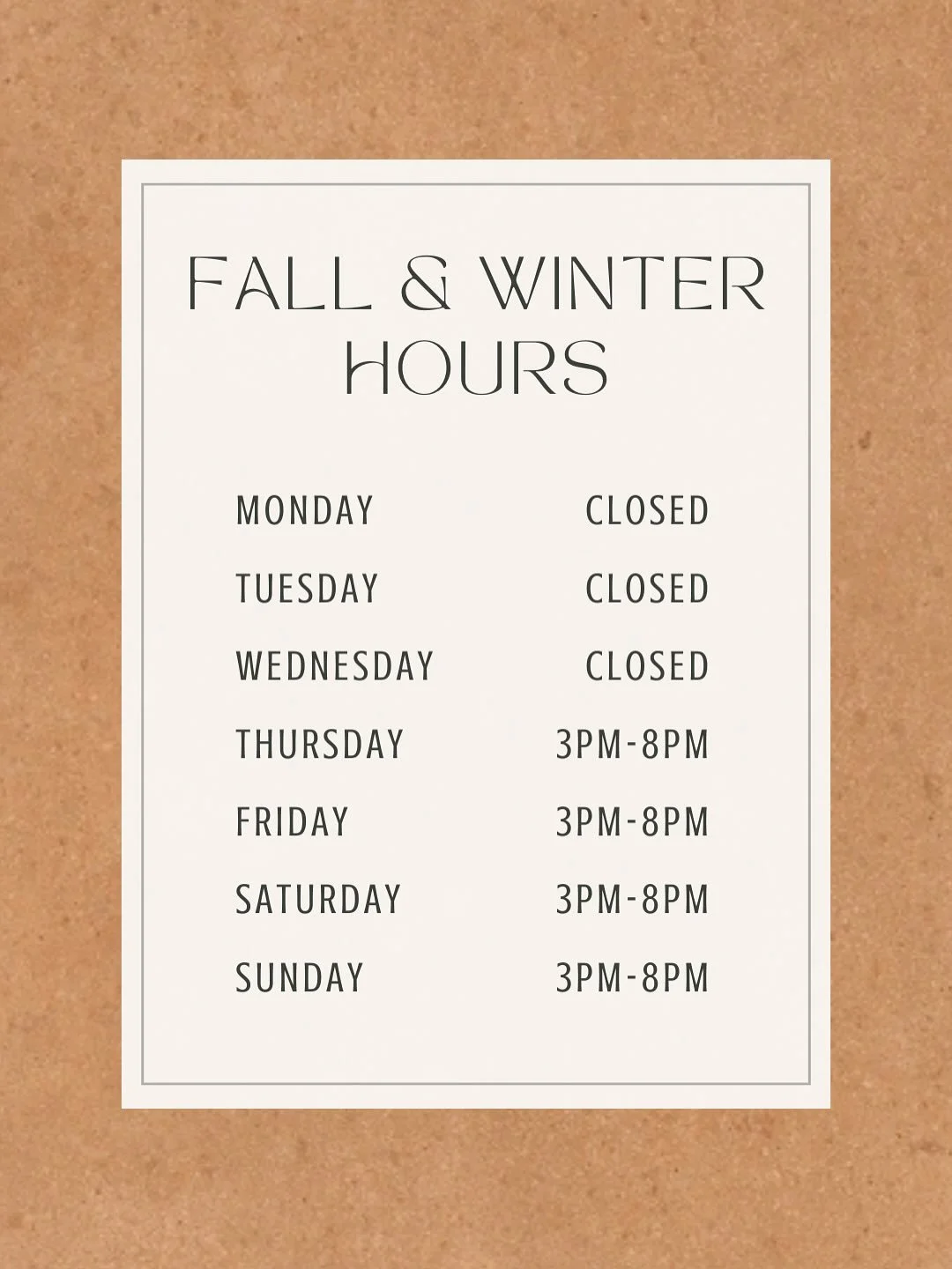 A few updates after a great summer!!

September 22 will be our last Monday open, then we will switch over to our Fall &amp; Winter hours.

In November, we will be closed the majority of the month so our staff can take a break and relax after the busy