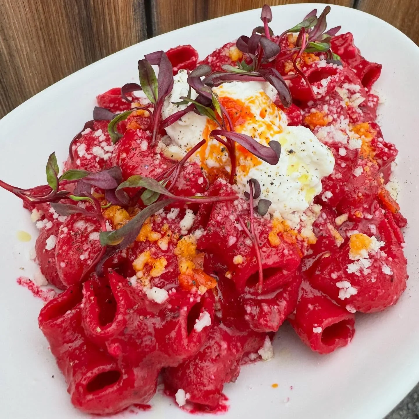 BEET PUR&Eacute;E WITH STRACCIATELLA, CHILI OIL AND BEET MICROGREENS