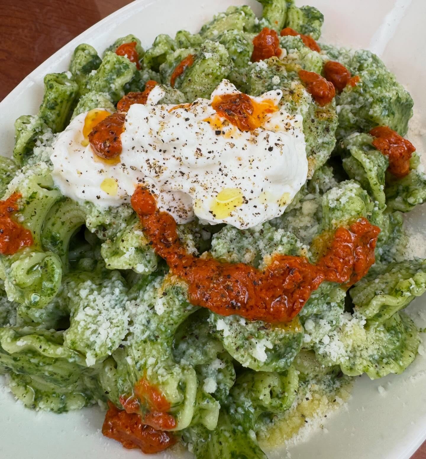 NETTLE-SPINACH PESTO WITH STRACCIATELLA AND HARISSA