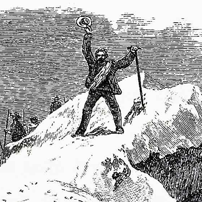 An illustration of Explorer Jedediah Smith of The Smith River, Montana, standing on Meagher County snow-covered ground, raising a hat in one hand and holding a walking stick in the other, with a group of people in the background.