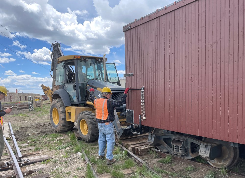  &nbsp;Track Crew of Road Master Alex Hois, Operator Bob Revis, Bob Schoppe, Jim Scoville, David Kings relocated C&amp;S Box car on the main line and took it to the Roundhouse radial track in preparation of moving it into the roundhouse for painting 