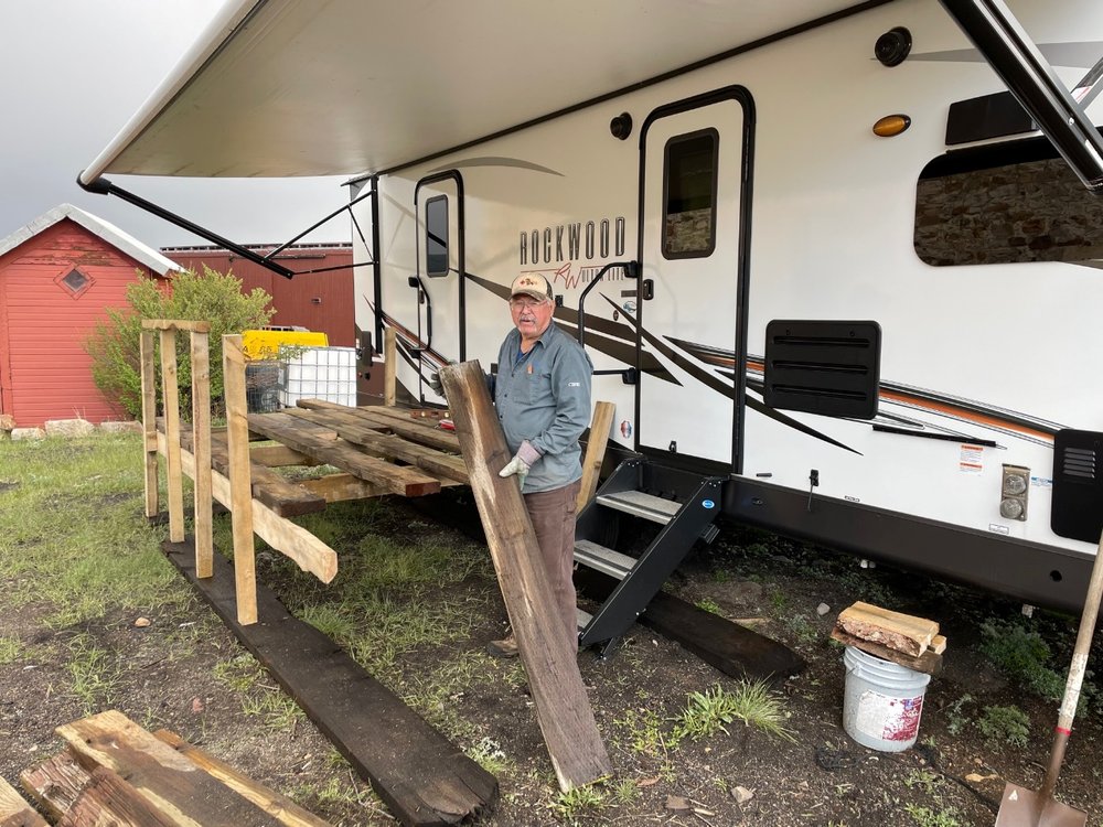   Joey Knous began construction of deck on Brantigan travel home for Chuck Brantigan to view progress of his “dream” of a railroad heritage center.  &nbsp; 