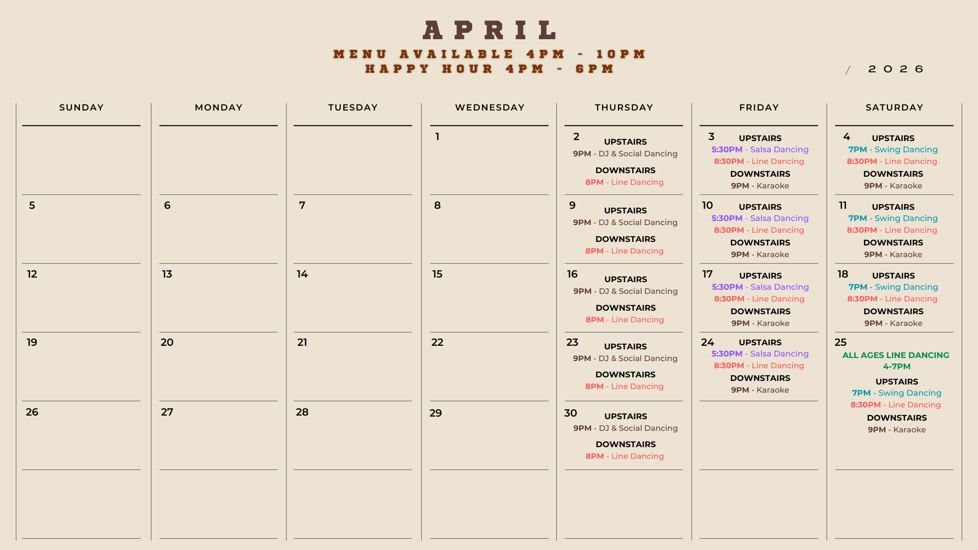 April Events Calendar