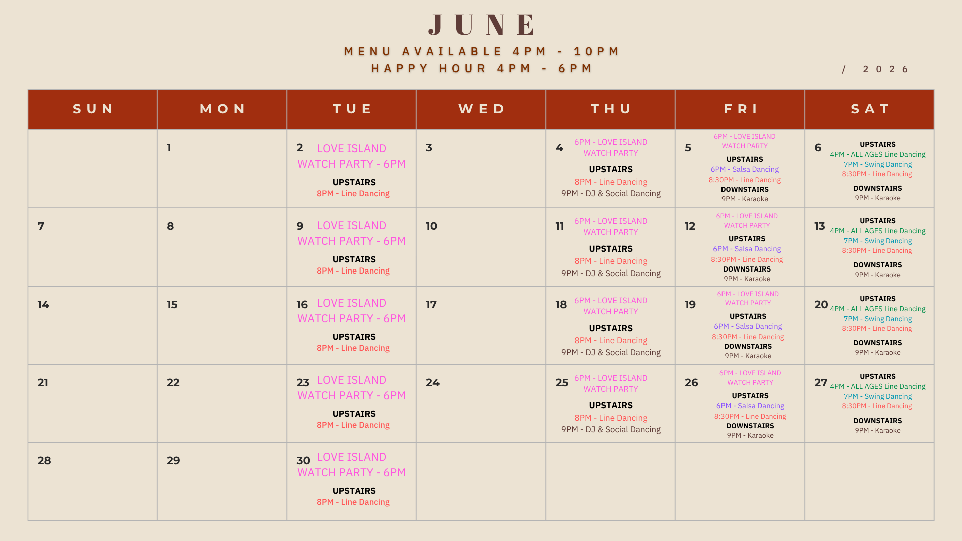 JUNE Entertainment Calendar