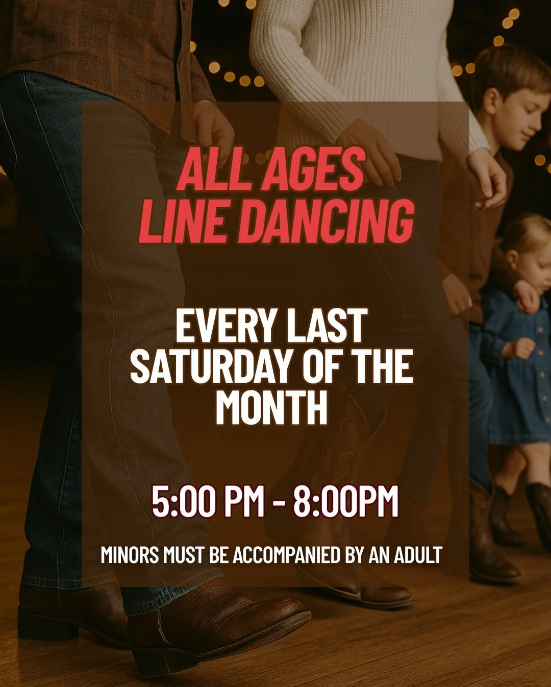 We will have All Ages Line Dancing Tomorrow, NOV 29

Every Sunday will now be Salsa Sunday starting this weekend, NOV 30 (21+)

So come tomorrow for all ages line dancing before you miss out and have to wait another month 🧑&zwj;🧑&zwj;🧒&zwj;🧒

#bo