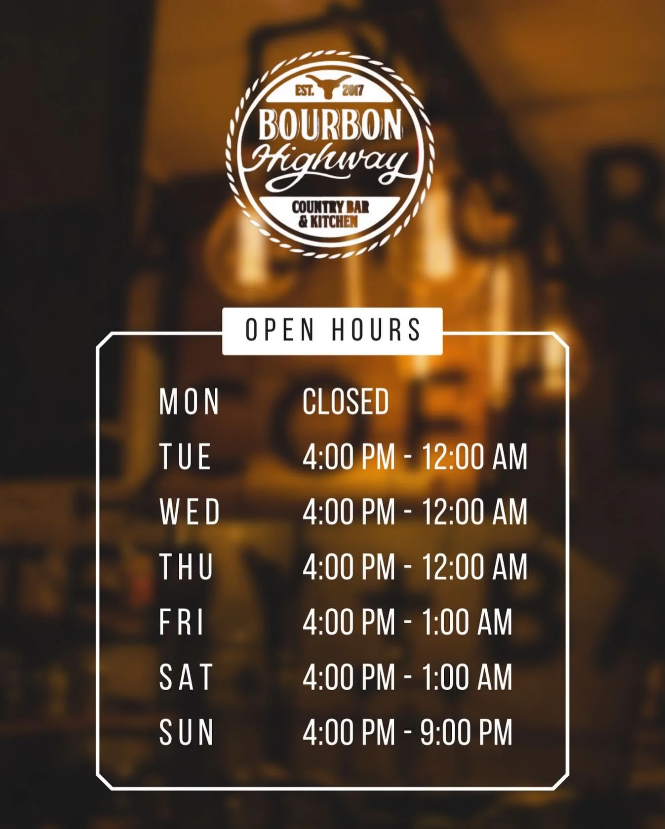 🚨‼️UPDATED BOURBON HIGHWAY HOURS‼️🚨
* Kitchen closes at 9PM on Tuesday - Thursday
* Kitchen closes at 10PM on Friday &amp; Saturday

We just updated our hours so be sure to come by when we are open!

#bourbonhighway #walnutcreek #downtownwalnutcree