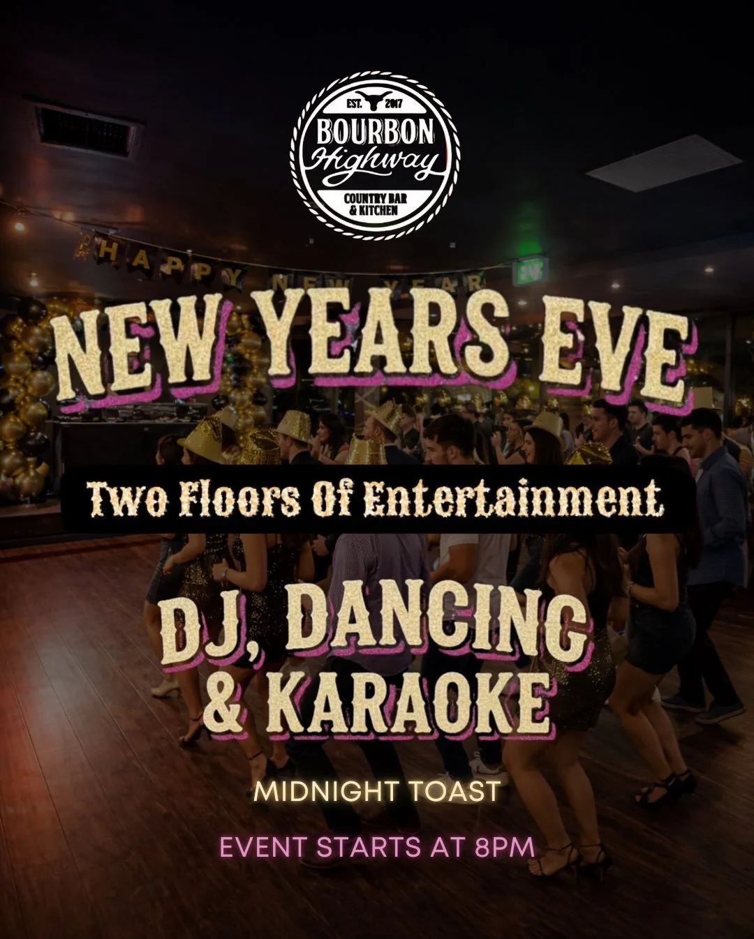 Do you have New Years Eve plans yet?
Join us at Bourbon Highway for our NYE celebration. The event kicks off at 8PM with two floors of entertainment and a full service bar and menu all night long! And don&rsquo;t forget the toast at midnight 🥂

Tick