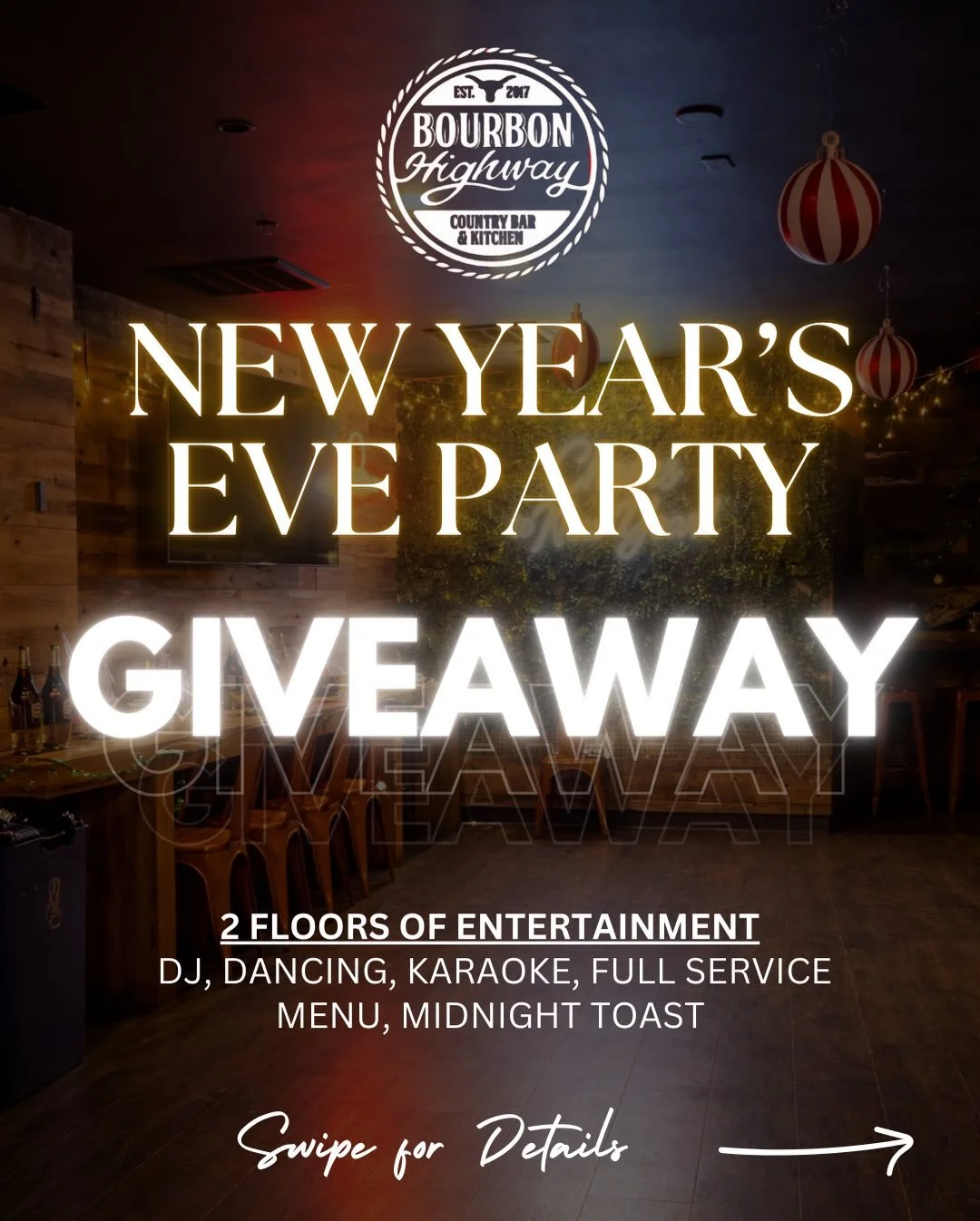 We are giving away 2 tickets to our New Year&rsquo;s Eve celebration at Bourbon Highway 🍾
Ring in the New Year with DJ, Dancing, Karaoke, and more fun!

To enter:
&bull; Like this post
&bull; Follow us @bourbonhighway 
&bull; Tag the someone you&rsq