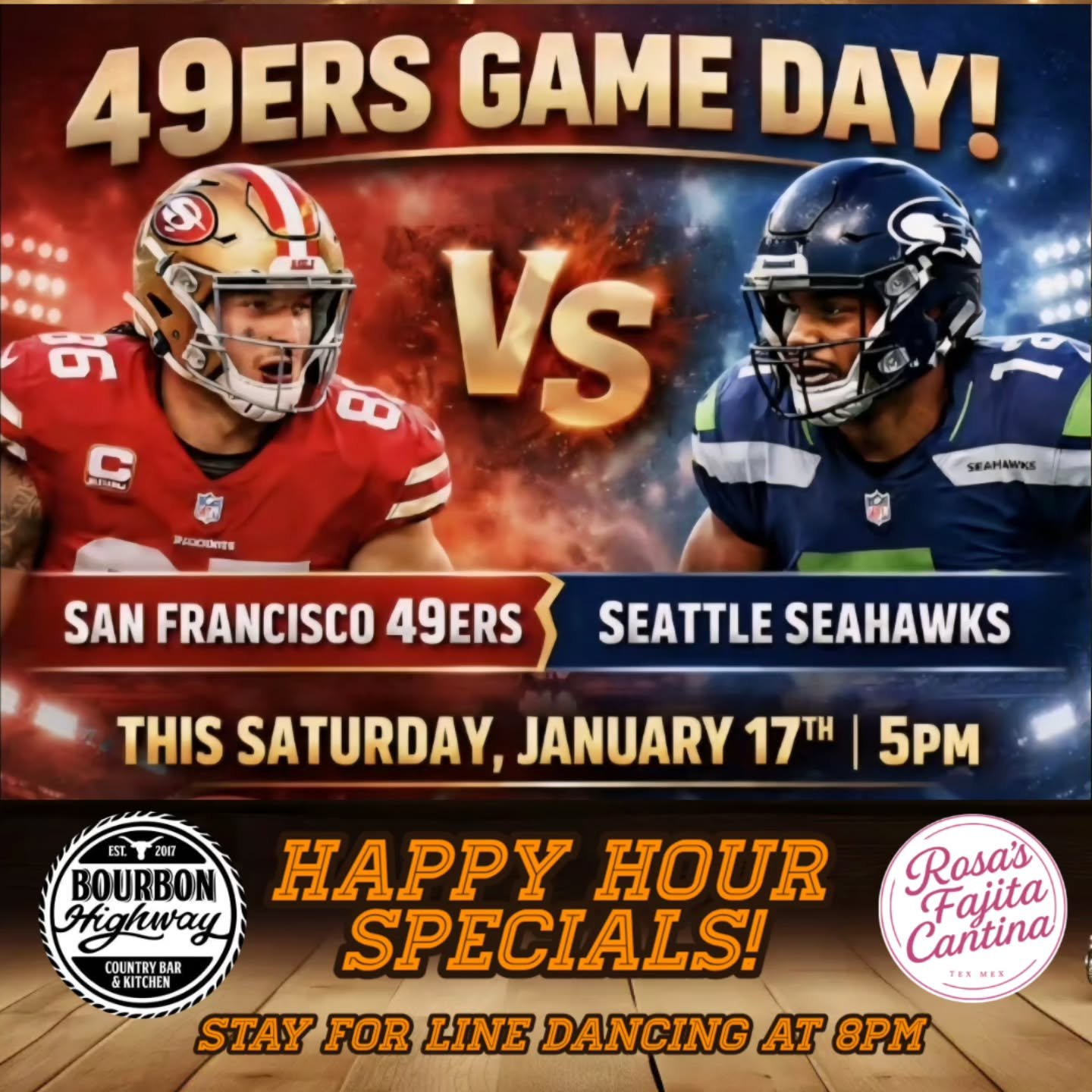 🏈 GAME DAY IN WALNUT CREEK! 🏈 

​Attention Bay Area fans! The rivalry heats up this Saturday as our 49ers take on the Seattle Seahawks. We are bringing the stadium energy right here to Walnut Creek!

​Whether you're looking for the rowdy country vi