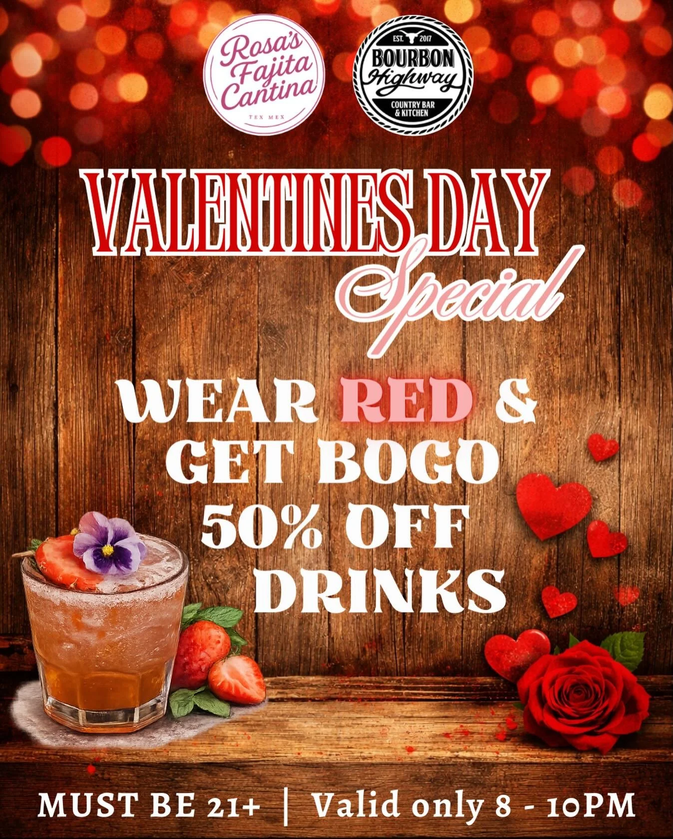 This Valentine&rsquo;s Day, we will have a Buy One, Get 1/2 Off Drinks when you wear red ❤️

⏰ 8PM&ndash;10PM Only at Bourbon Highway

Come dance with your sweethearts after dinner!

#bourbonhighway #valentinespecials #valentinesplans #walnutcreek #d