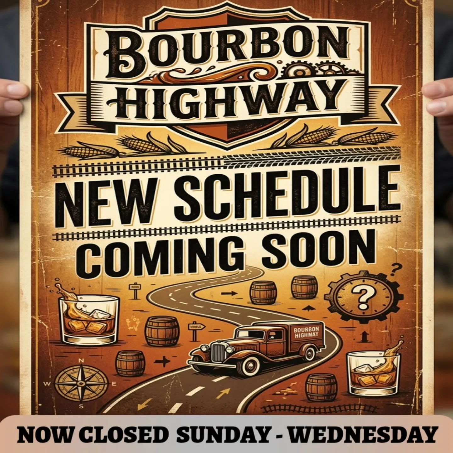 ​🚨 New Hours Alert! 🚨

​Hey y'all! 🤠 Just a quick heads up about some schedule changes here at Bourbon Highway. To recharge and get ready for the weekend, we will now be closed Sunday through Wednesday.
​But don't you worry&mdash;we are bringing a