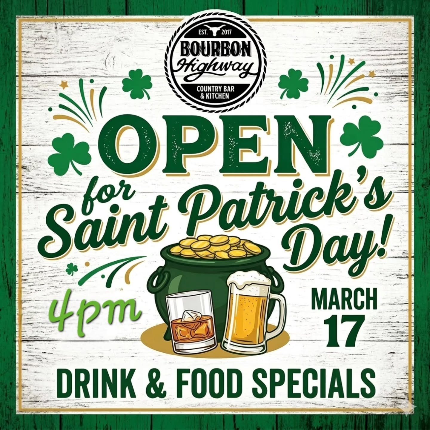 🍀 Looking for the perfect pour this Saint Patrick&rsquo;s Day? 🇮🇪 Luck is on your side today! 🌈✨
​Skip the chaos and head over to Bourbon Highway. 

🍺 Green Beer Flowing &ndash; Ice cold and festive.

🎶 Irish Tunes &ndash; To keep the spirit (a