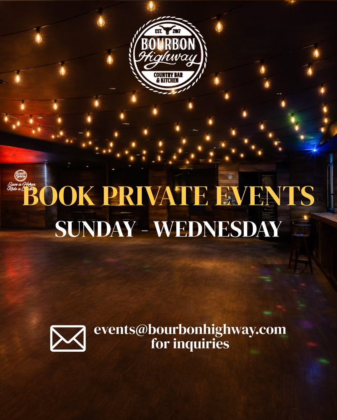 We may be closed Sunday - Wednesday for regular service, but our doors are open for private events! 🪩

Whether it&rsquo;s a birthday celebration or a team outing, Bourbon Highway will host your night full of great food and entertainment 🤠

#bourbon