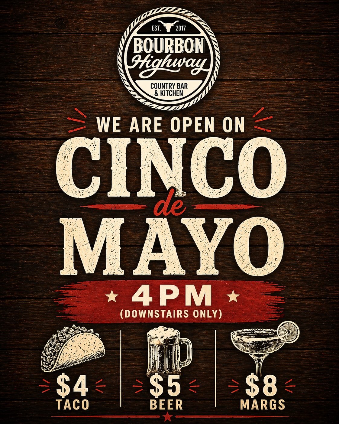 ‼️We are open on Cinco de Mayo at Bourbon Highway‼️
Starting at 4PM (downstairs only), we will have 
$4 TACOS
$5 BEERS
$8 MARGS

Save the date and celebrate with us 

#bourbonhighway #cincodemayo #walnutcreek