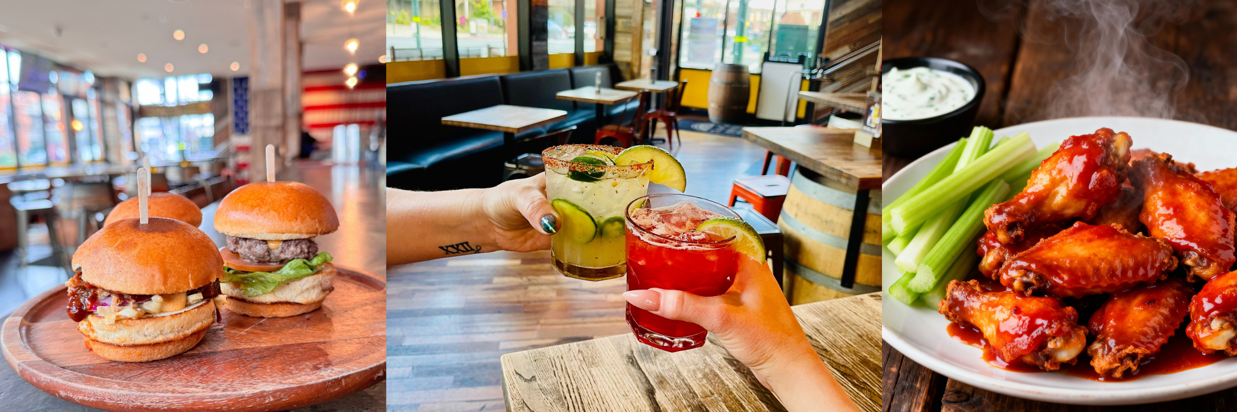 bar food, sliders, wings, cocktails, college bar