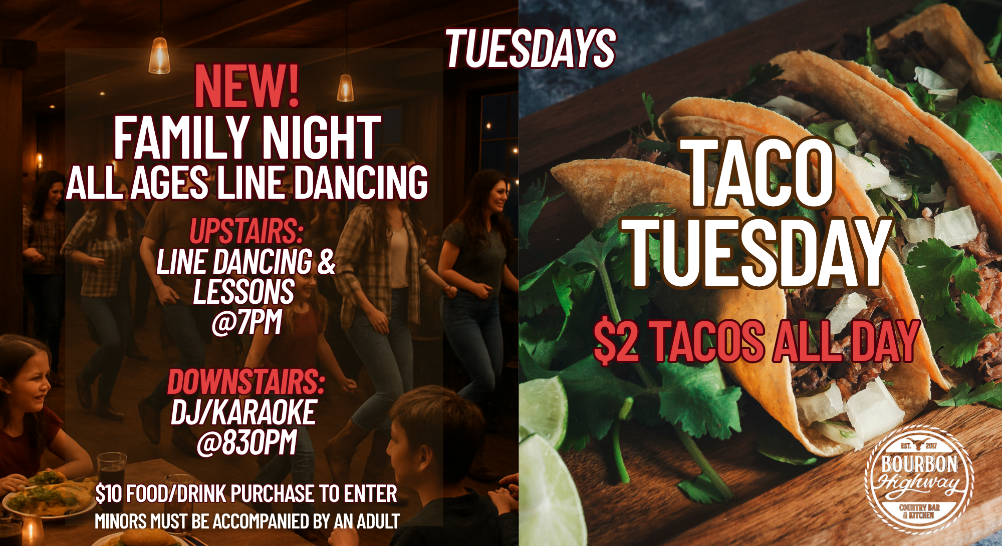 Tuesdays At Bourbon Highway: Taco Tuesday and Family All Ages Line Dancing plus Karaoke