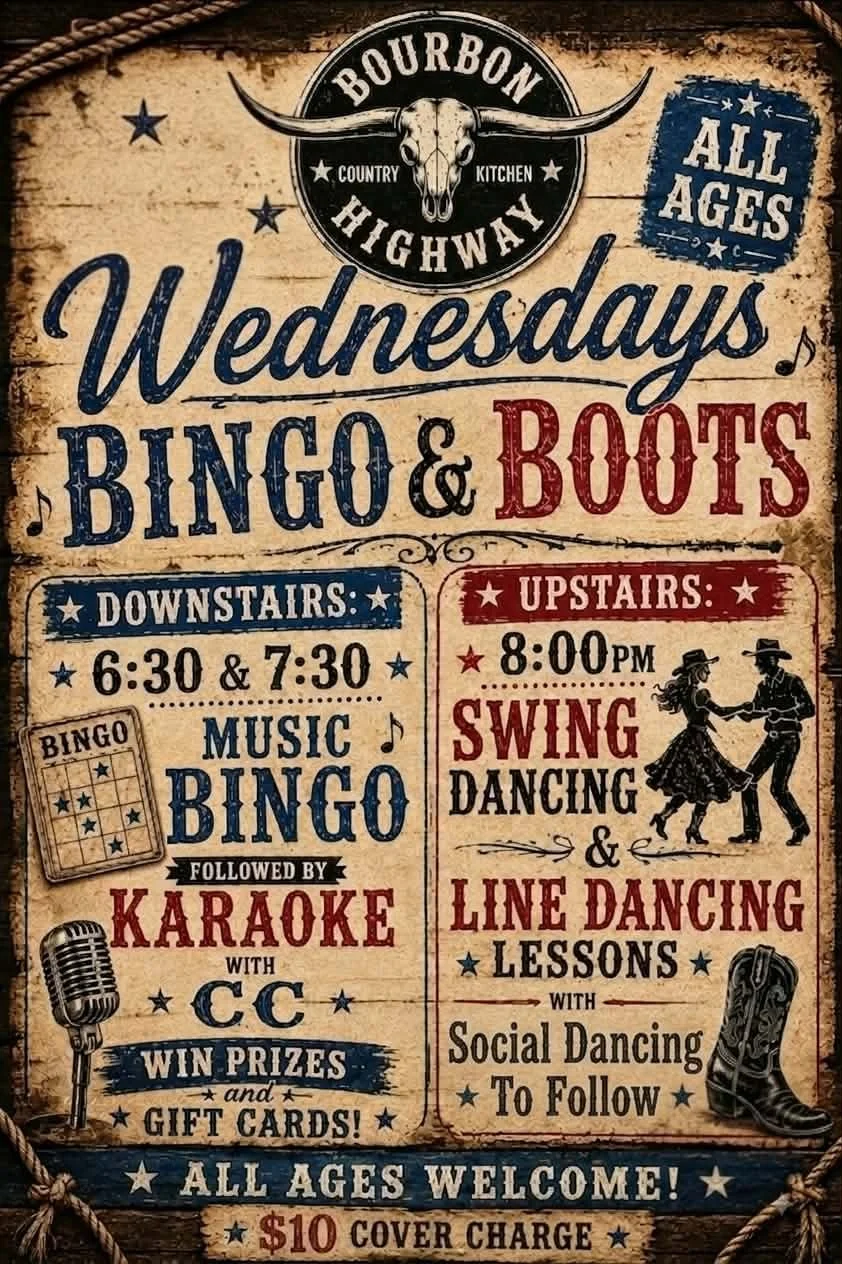 With two floors of non-stop entertainment, you can choose your own vibe or bounce between both.

👇 DOWNSTAIRS: Music & Prizes 👇

6:30 PM & 7:30 PM | Music Bingo: Test your music knowledge and play to win awesome prizes and gift cards!

Followed by 