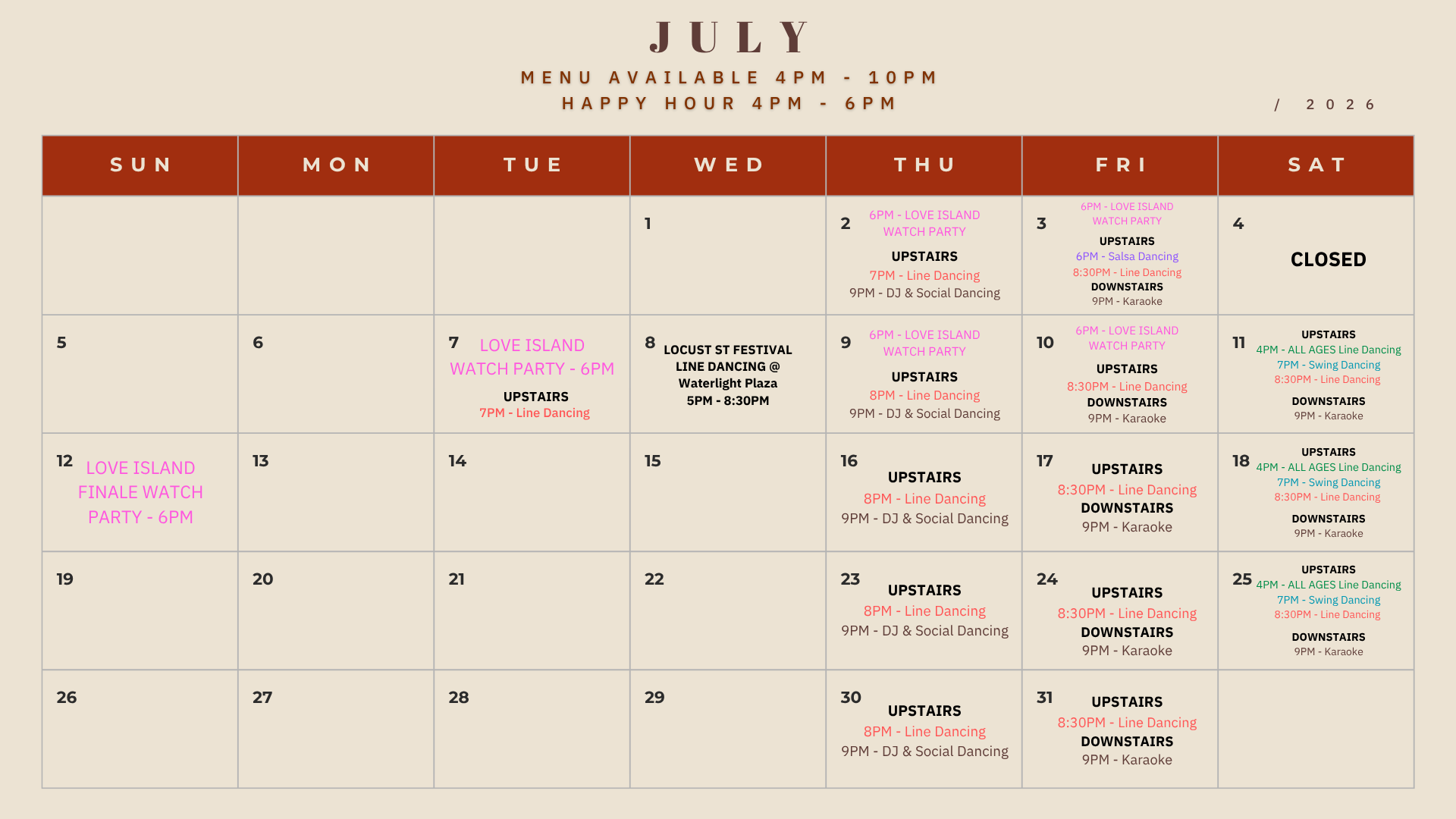 July Entertainment Calendar
