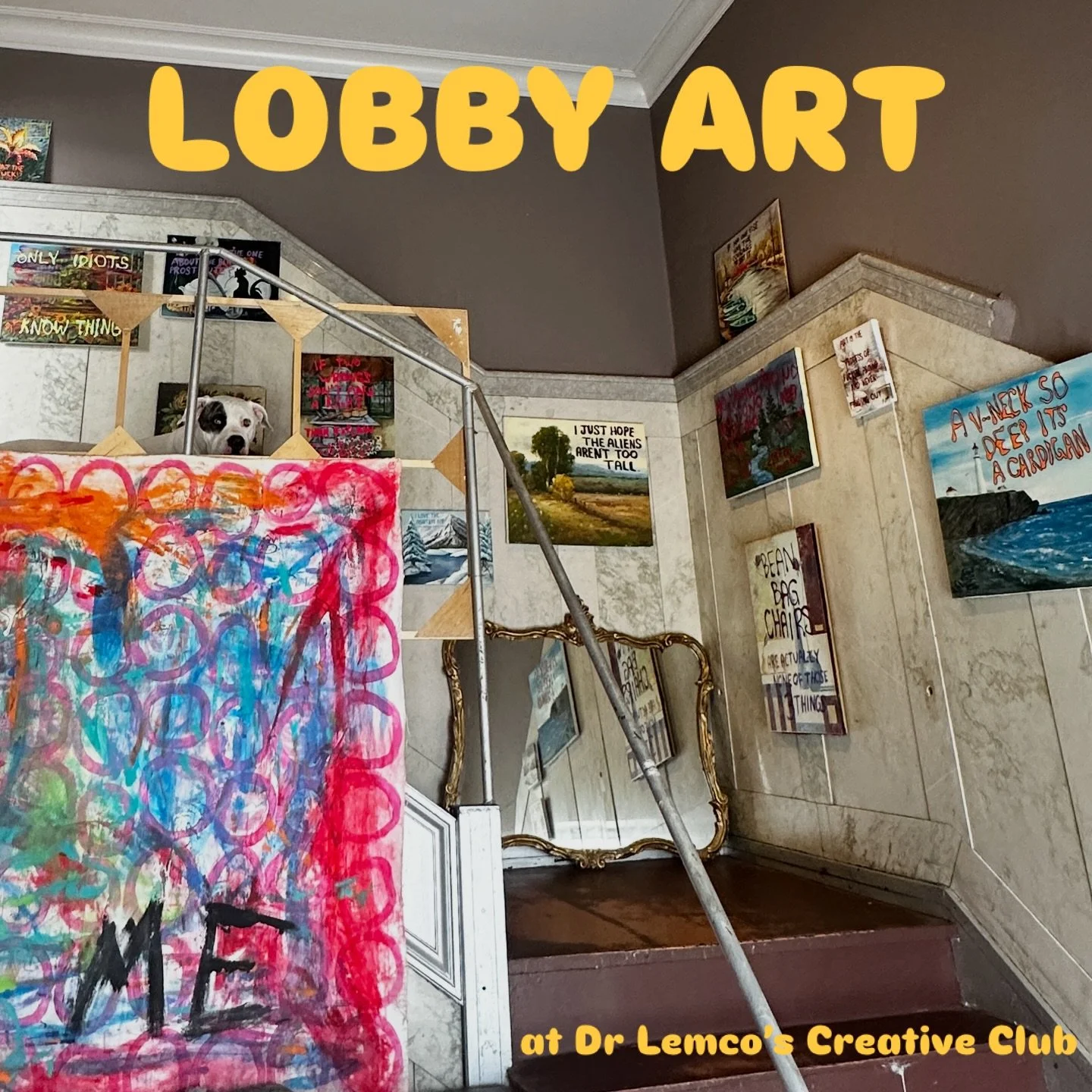 I knew I had to spruce up the big private entrance to the creative club and give the walls some life. I also buy a lot of thrift store paintings so that I can steal the frames for my own artworks. Since I had walls to fill and a surplus of extra pain