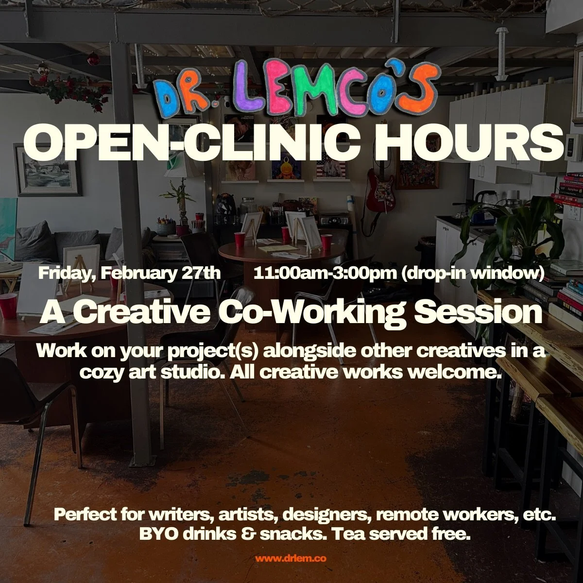 Creative co-working at the studio. $10 reserves your spot, come get your work done alongside other creatives!