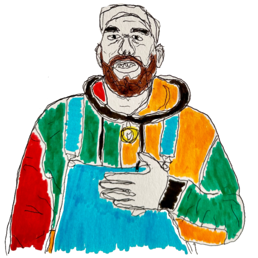 A hand-drawn portrait of Dr Lemco