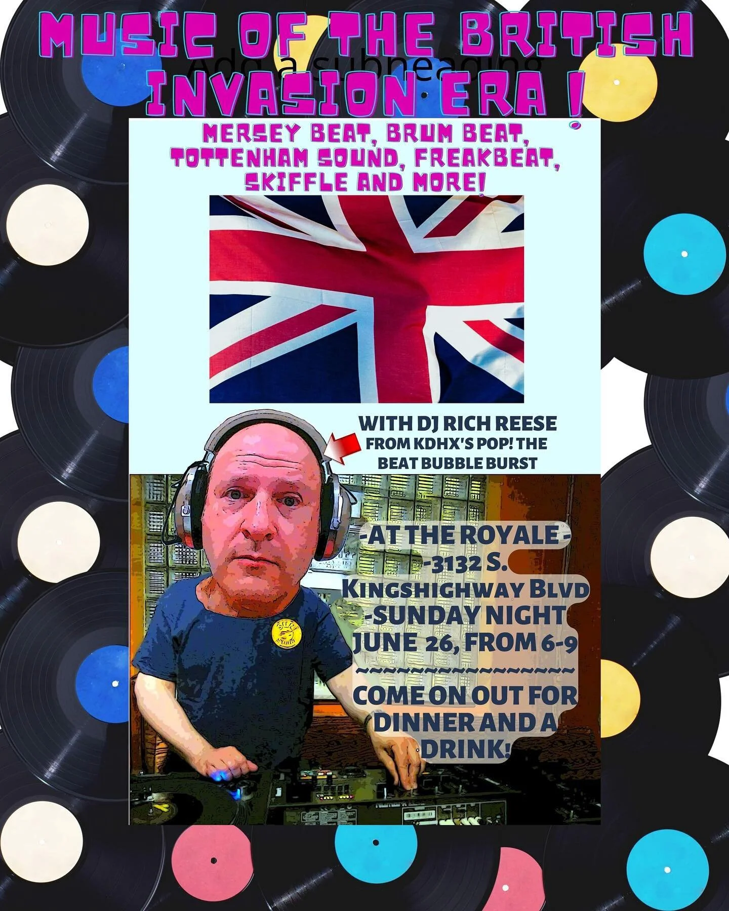 Mark your calendars! British Invasion dinner spin Sunday June 26th 6-9pm w/ @rich_reese64 of KDHX&rsquo;s Pop the Beat Bubble Burst!