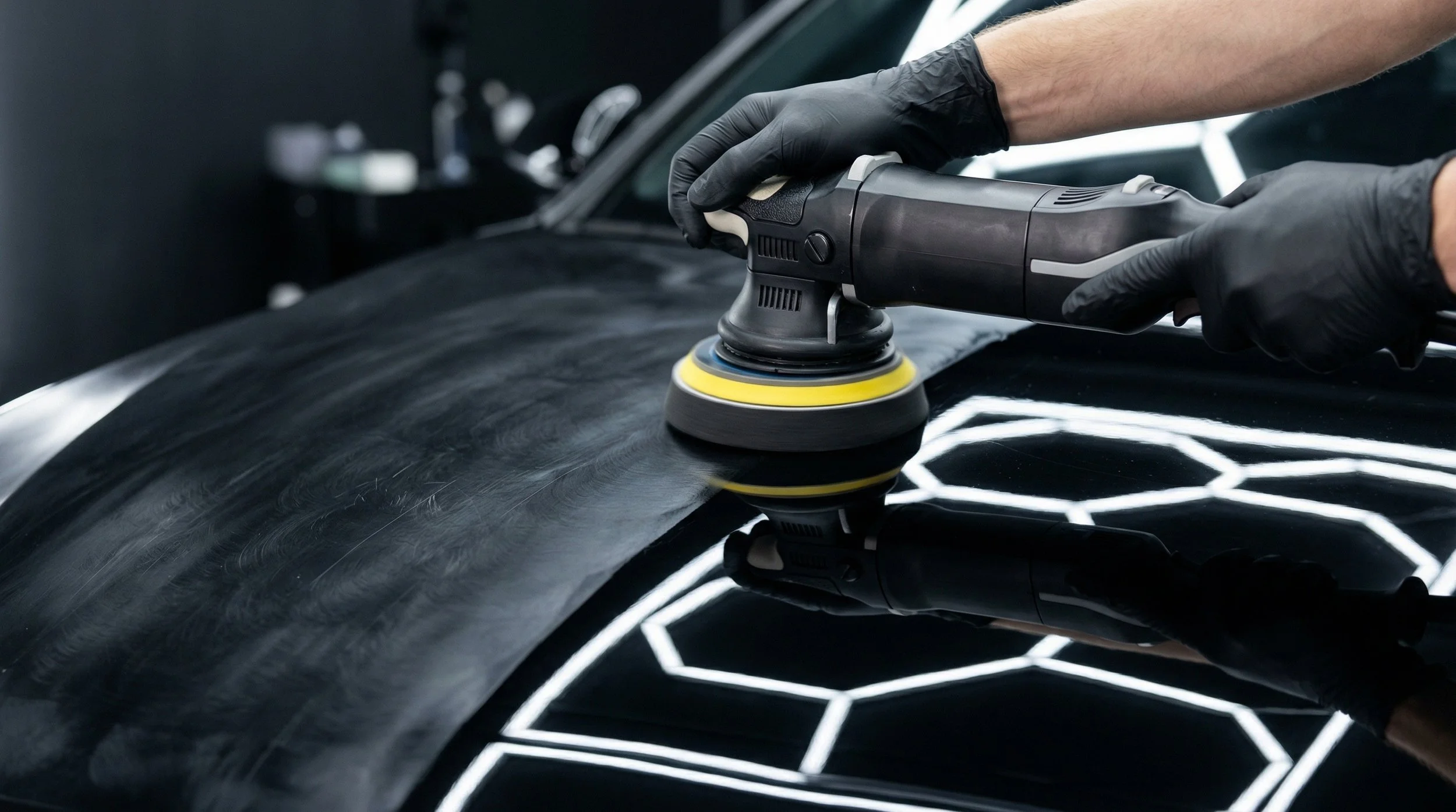 Person using a power buffer to polish a black car's surface with a reflective geometric pattern underneath.