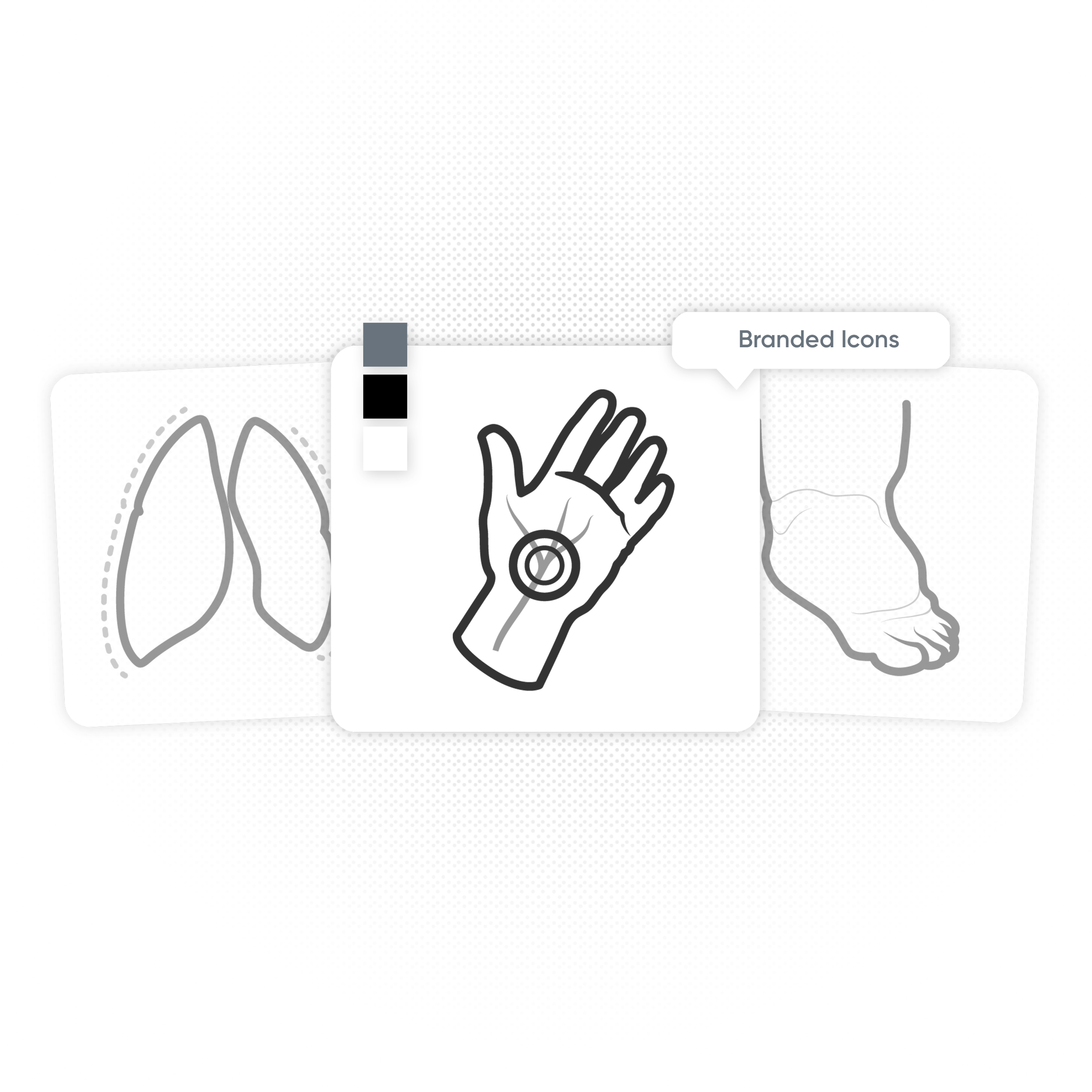 Three icons: a stylized lung illustration on the left, a hand with a circular symbol on the wrist in the middle, and a foot with a network of veins or arteries on the right. A label pointing to the middle icon says 'Branded Icons'.