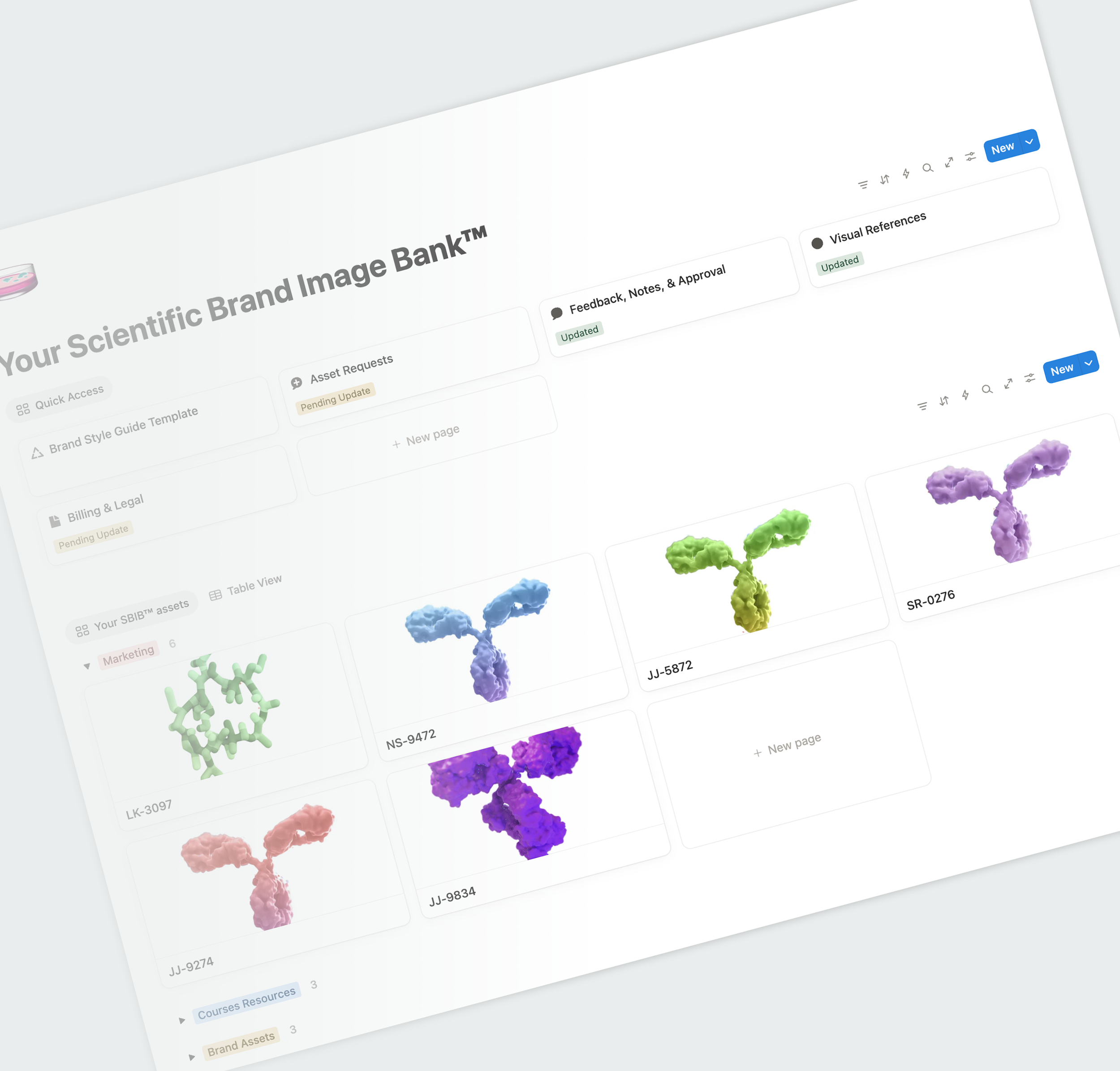 Screenshot of a digital interface titled 'Your Scientific Brand Image Bank' showing various molecular structures in different colors, each with a unique label or code.
