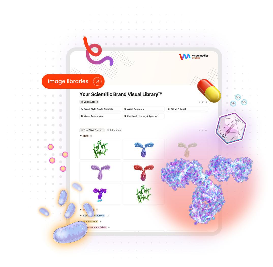 Digital tablet displaying a scientific brand visual library with molecular structures and scientific icons surrounding it.