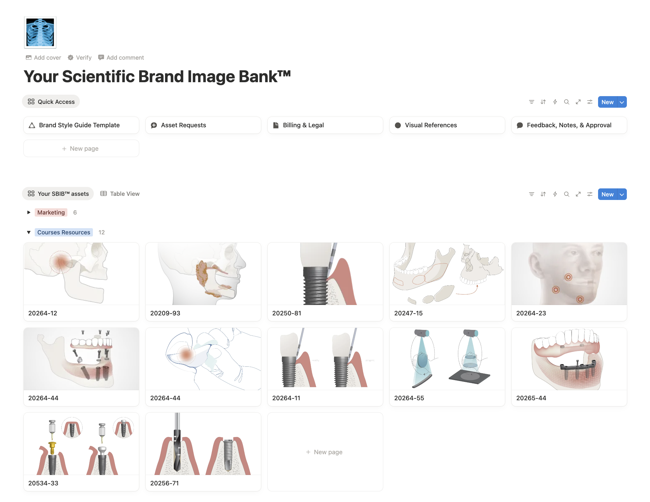 Screenshot of a digital interface titled "Your Scientific Brand Image Bank™" with various tabs and image assets related to dental and medical procedures, including illustrations of dental implants, facial anatomy, and medical equipment.
