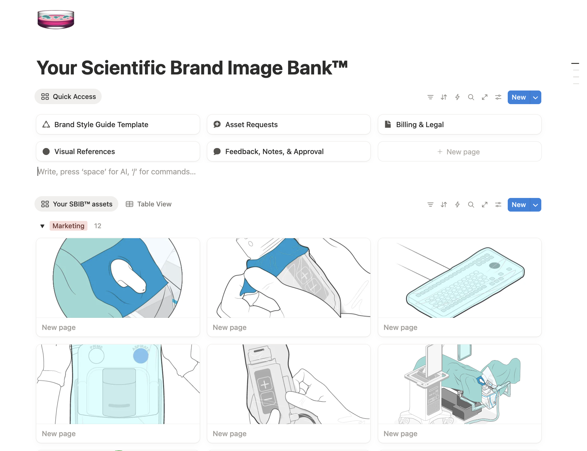 Screenshot of a digital brand management platform with a menu titled 'Your Scientific Brand Image Bank™' and assets related to medical or scientific equipment and procedures.