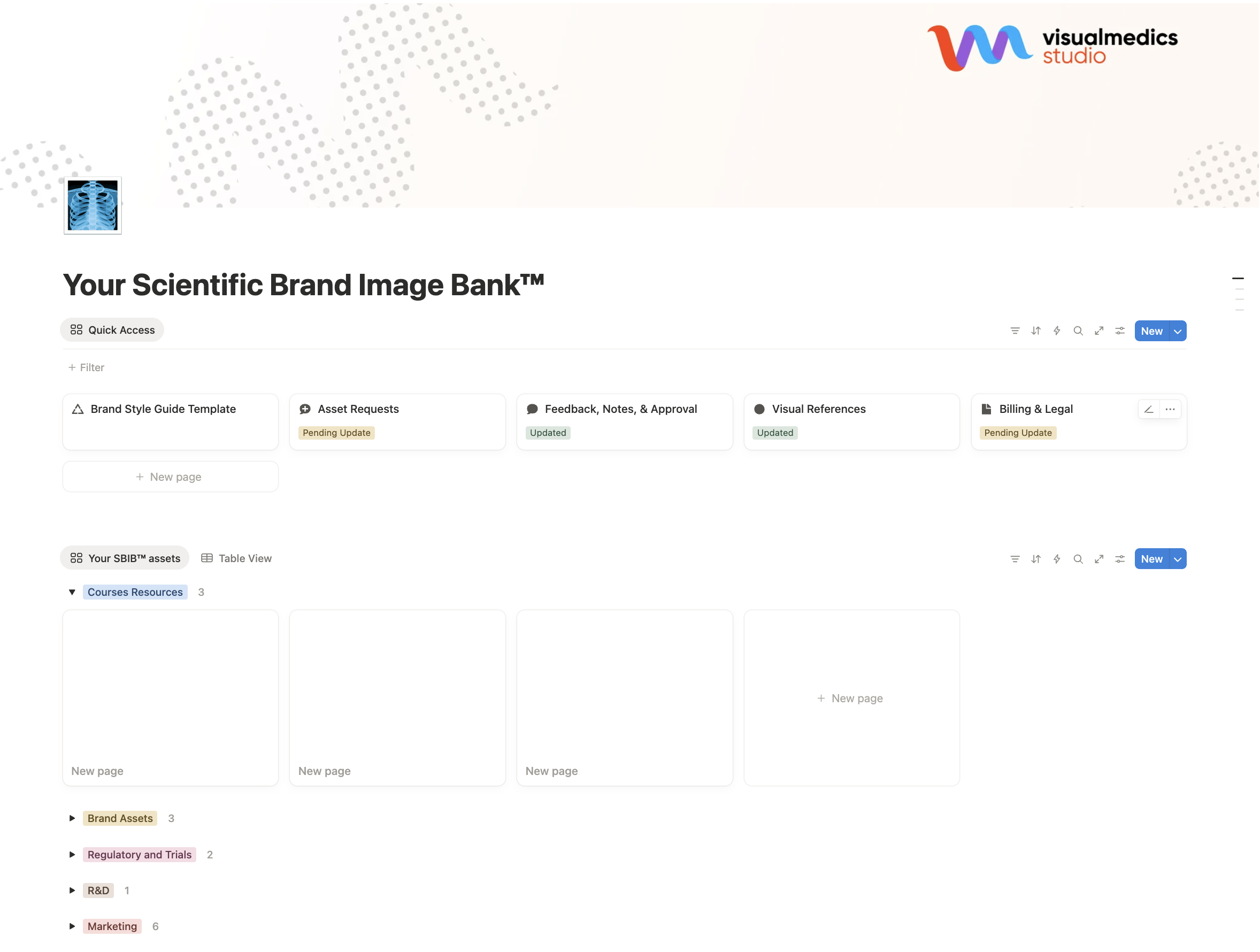 Screenshot of a digital workspace titled 'Your Scientific Brand Image Bank' with sections for brand style guides, asset requests, feedback, visual references, billing, and legal updates, along with categorized asset folders for brand assets, regulatory trials, R&D, and marketing.