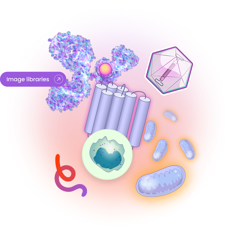 Illustration of a scientific concept with molecular structures, DNA strands, bacteria, and laboratory equipment.