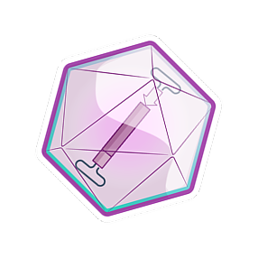 A colorful holographic sticker of an AAV vector with geometric lines, outlined in shades of purple and blue.