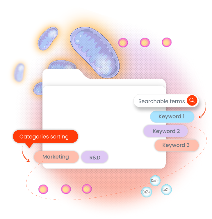 Diagram with categories labeled: 'Searchable terms', 'Keyword 1', 'Keyword 2', 'Keyword 3', 'Marketing', 'R&D', with bubbles of Ca2+ ions and a background of colorful, abstract, cell-like structures.
